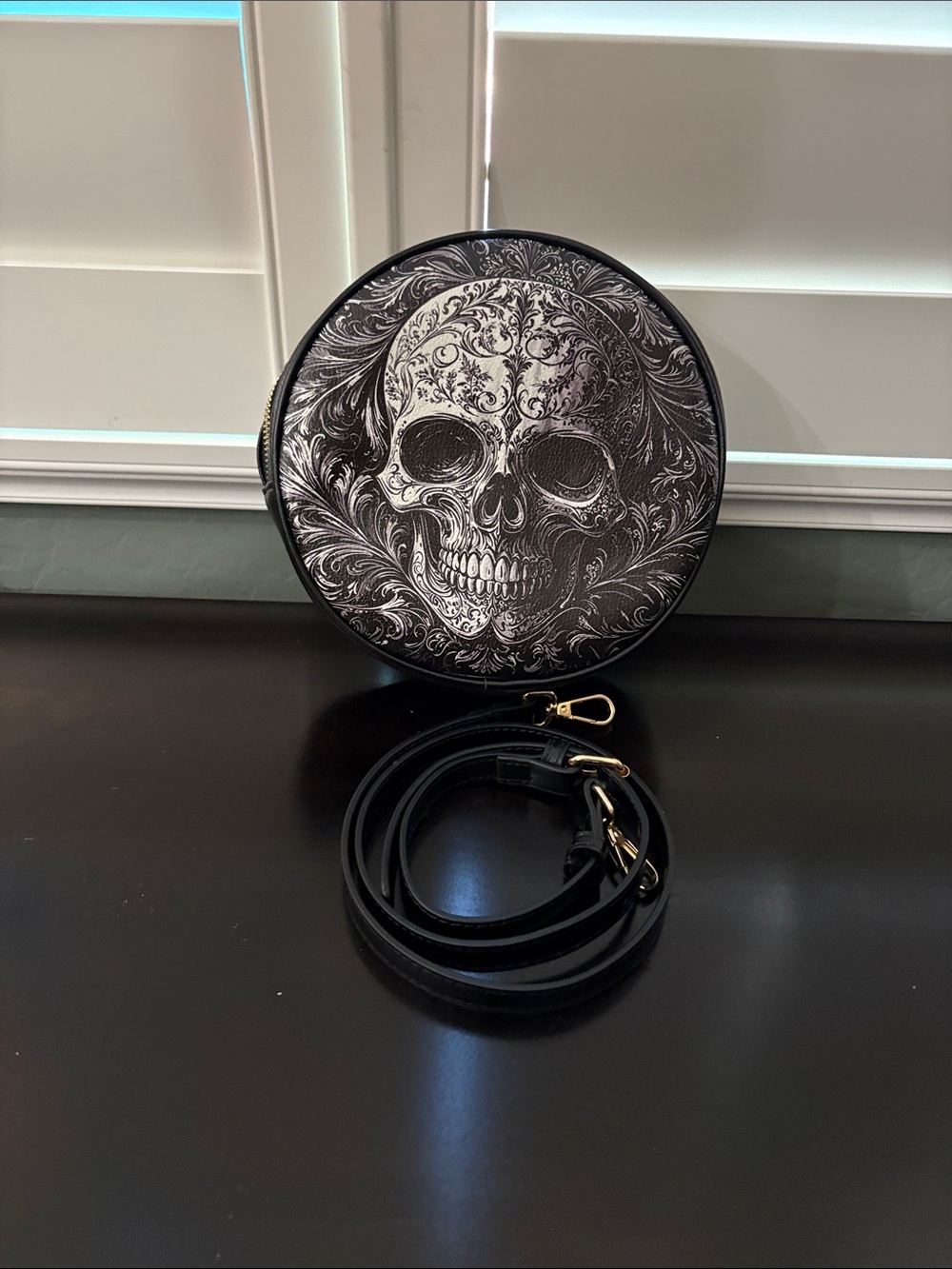 Black Round Crossbody Bag with Skull Print